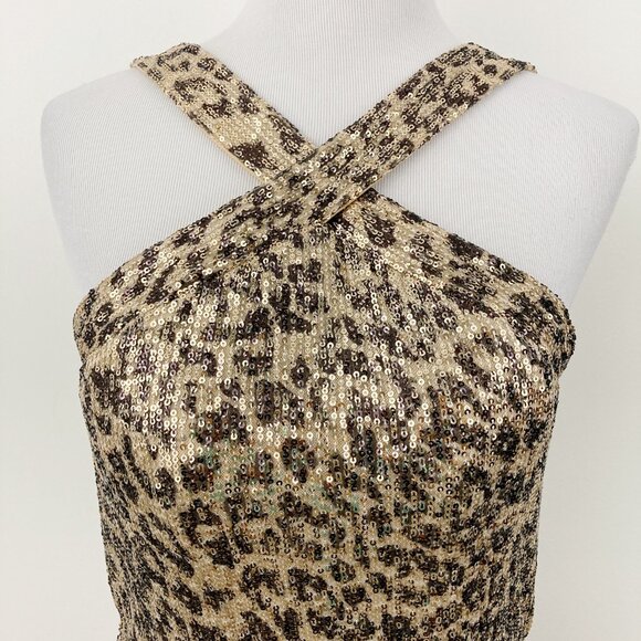 NWT La Femme Leopard Print Sequin Prom Dress Size 8 Criss Cross High Neck 28672 - Picture 4 of 13